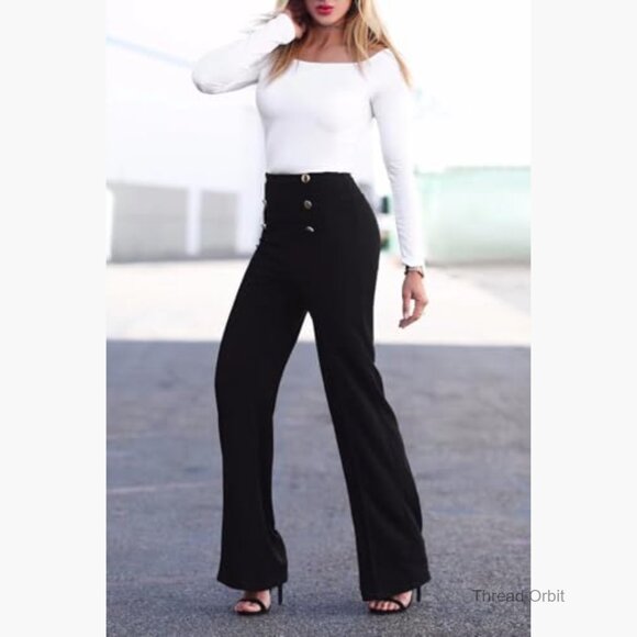 Stretchy High Waisted Wide Leg Flare Pants Sailor Bell Trousers - Picture 6 of 7